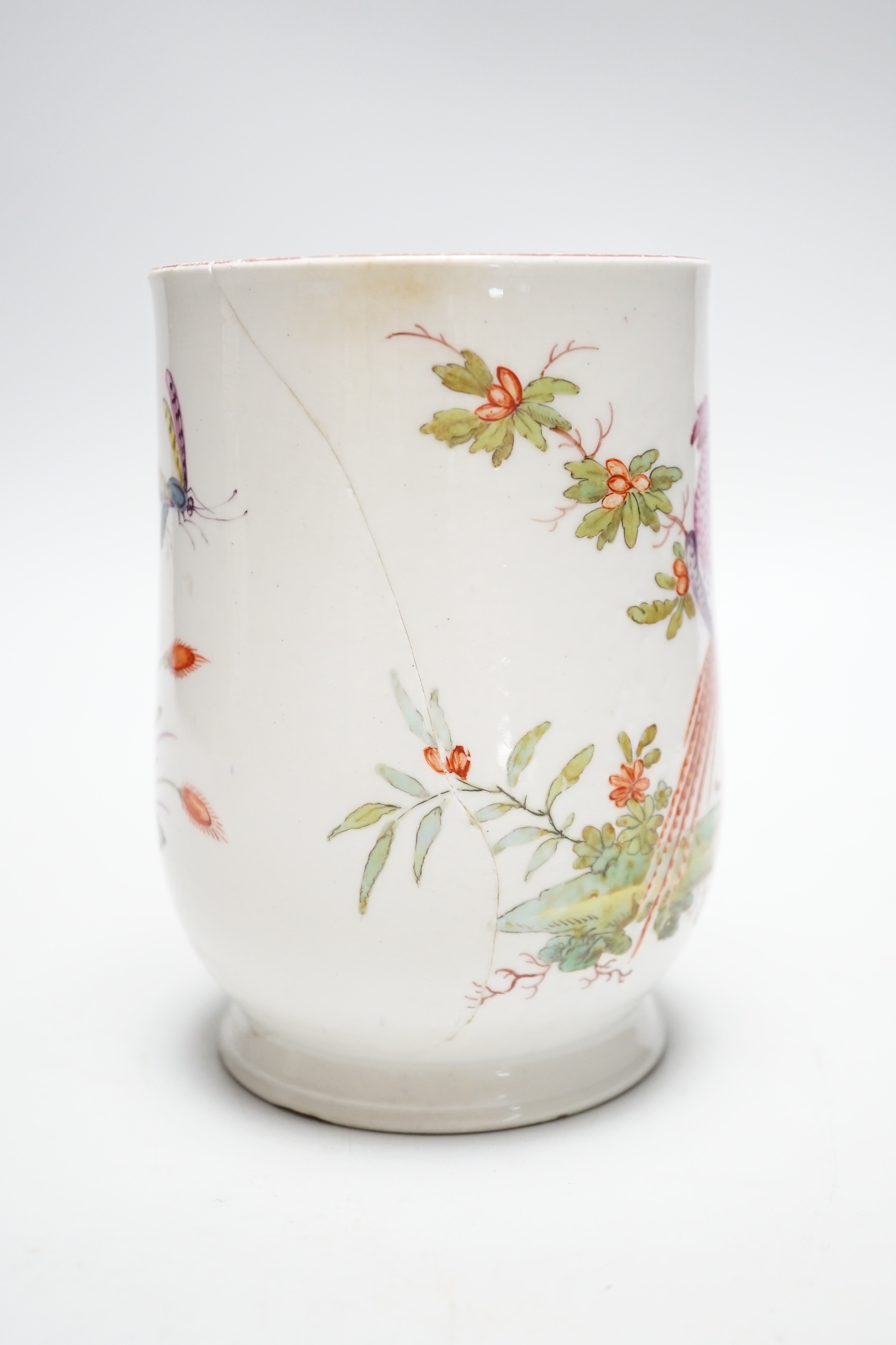 A large 18th century Bow ‘Fantastic Birds’ porcelain mug, 15cm (a.f)